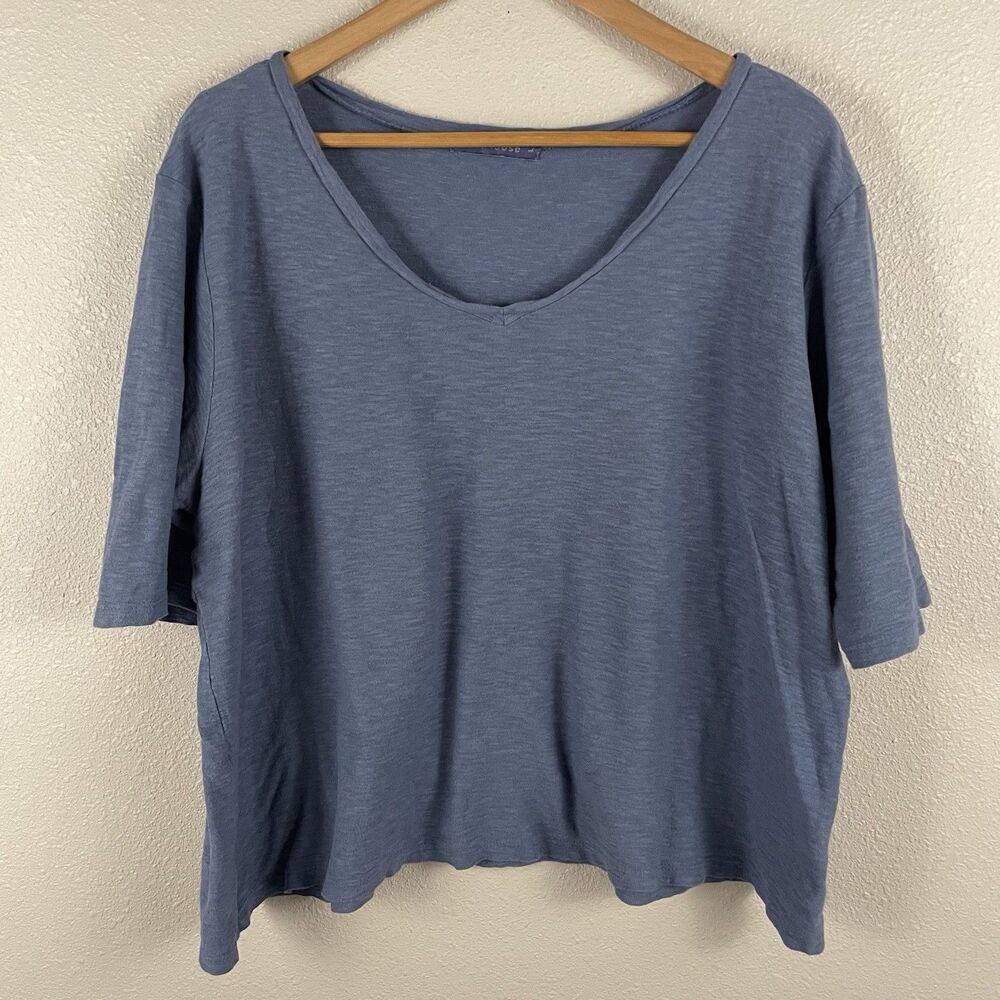 Cut Loose Womens L Blue V Neck Elbow Sleeve Top Linen Blend